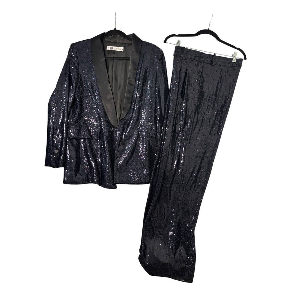 Zara Women Navy Sequin Tuxedo Suit Set Blazer and Wide Leg Pants Size Small